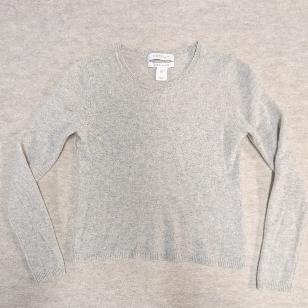 Ellen Tracy Cashmere Heather Oatmeal Cream Cropped Long Sleeve Sweater Med